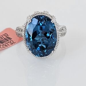 Genuine London Blue Topaz & Diamond Ring in Sterling Silver & Rhodium Size 7!